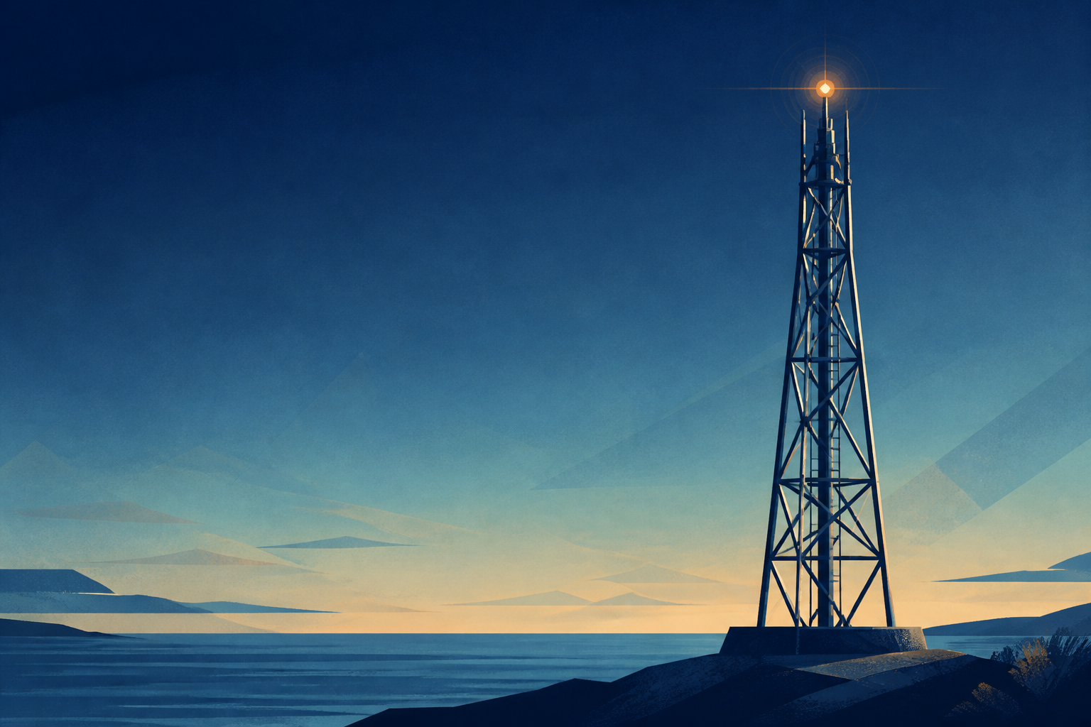 Ilustración de una torre metálica junto al horizonte marítimo